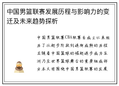 中国男篮联赛发展历程与影响力的变迁及未来趋势探析